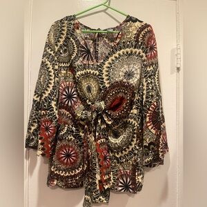 Red and Black Tie Front Blouse with 3/4 Sleeves